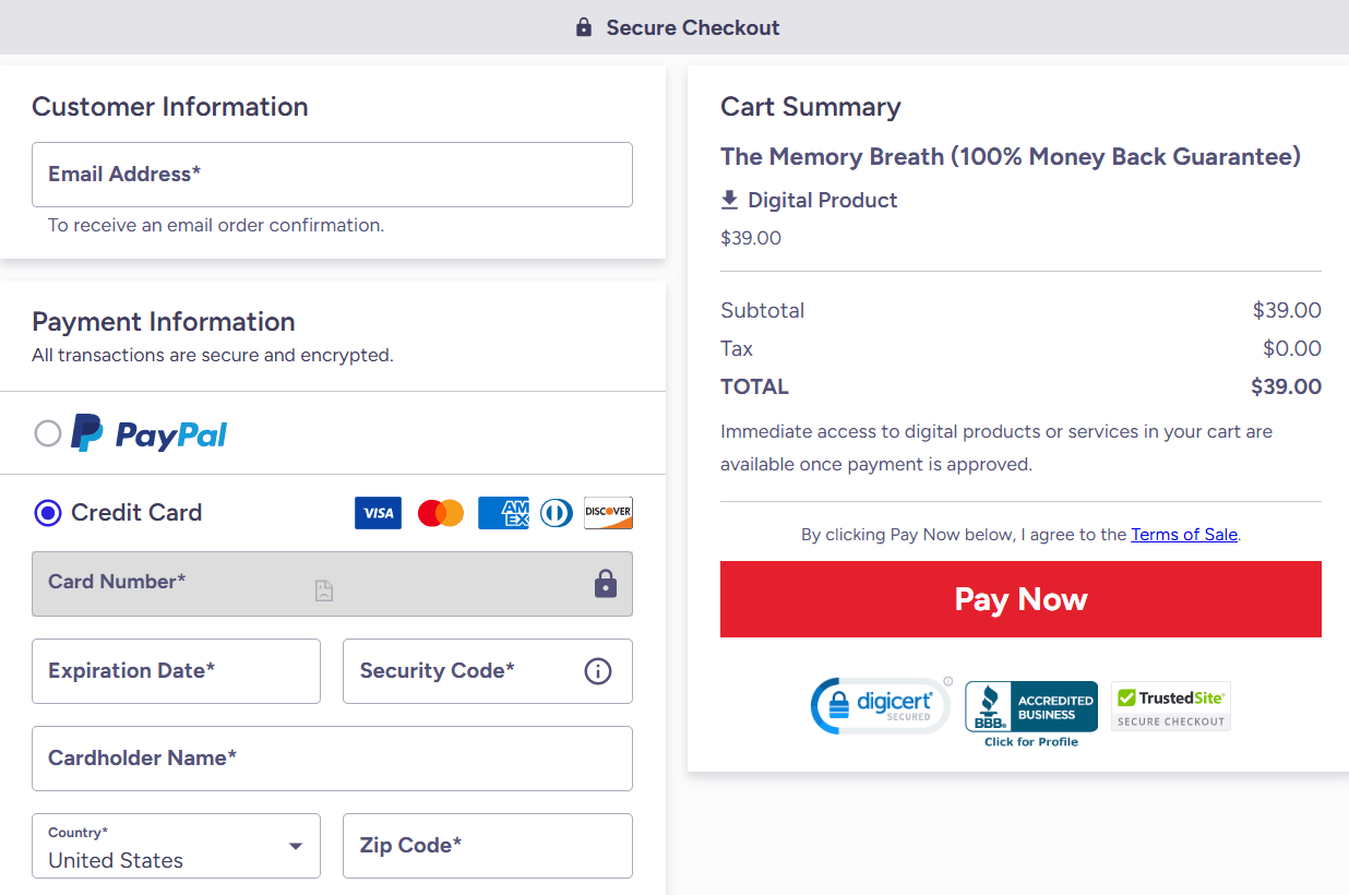 The memory breath checkout page